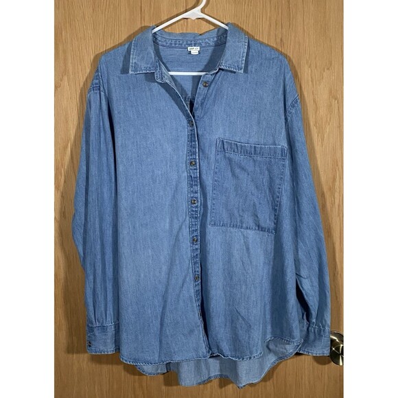 Aerie Women's Sz XL Denim Button Up Top Oversized Minimalist LagenLook Cotton - Picture 1 of 7